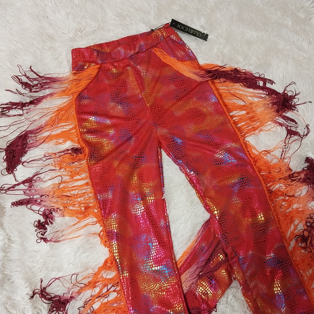 Vibrant Pink and Orange Leggings with Artistic Flair Fringe dolls kill